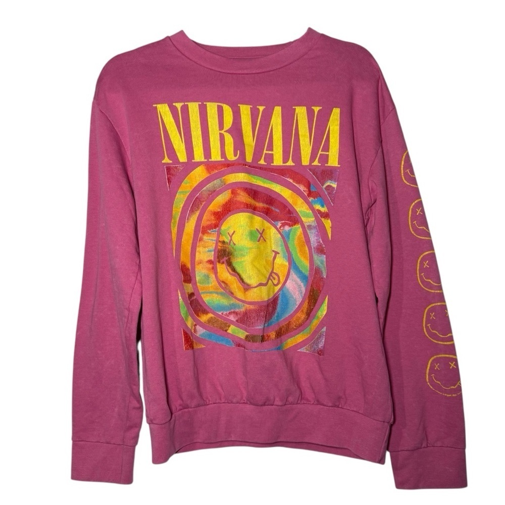 Nirvana Pink Oversized Crewneck Sweatshirt Smiley Face Graphic Size Small